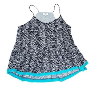 CROWN AND IVY Fish Print Tank Top Navy with Teal Hem  sz L preowned